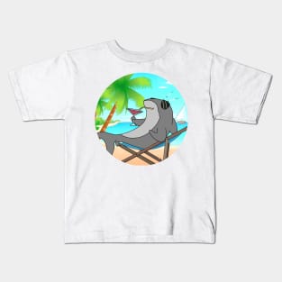 Shark Chilling At Beach With Sunset Comic Style Kids T-Shirt